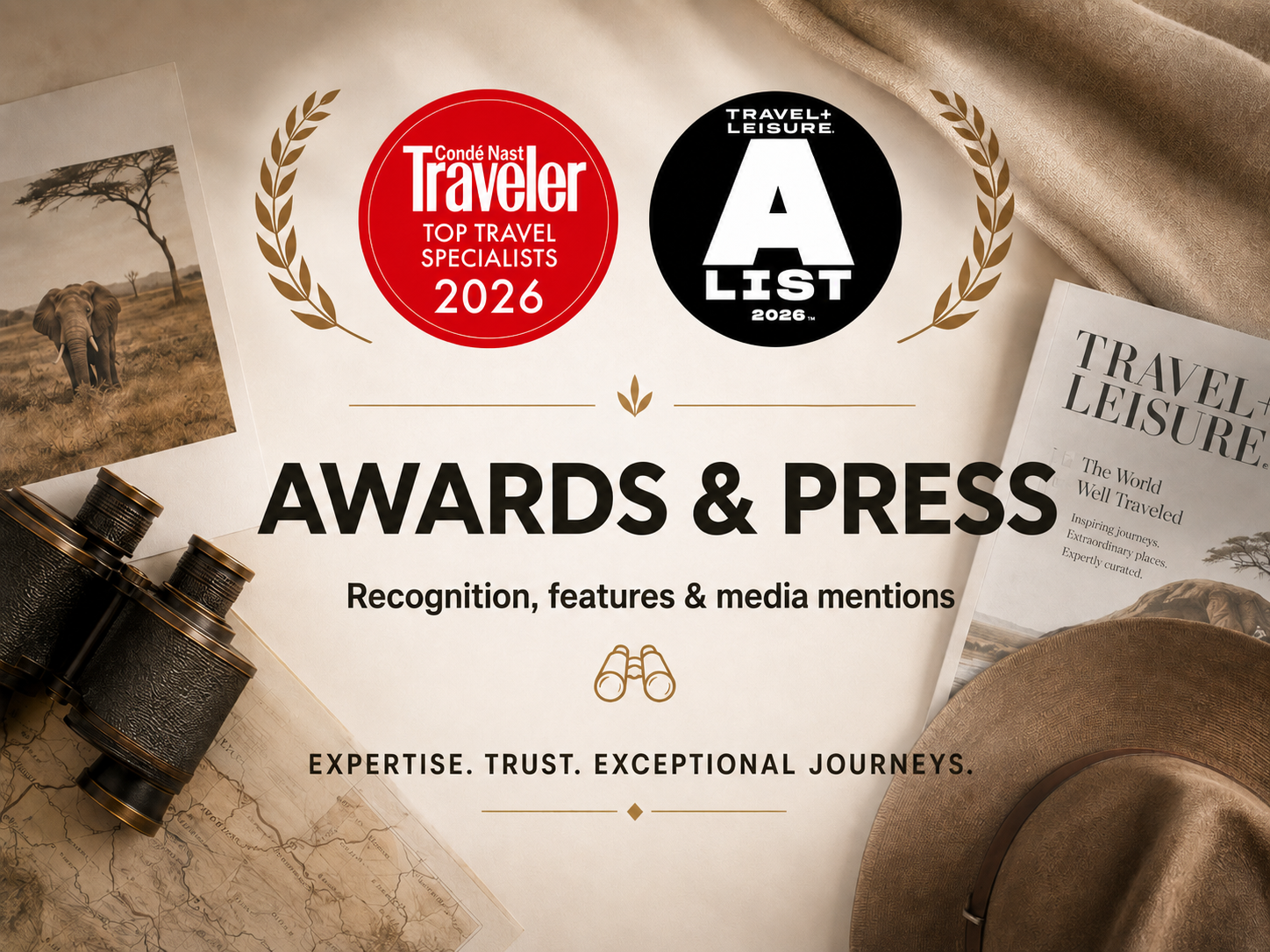 Artisans of Safari Awards and Press featuring Condé Nast Traveler Top Travel Specialists 2026 and Travel + Leisure A-List 2026